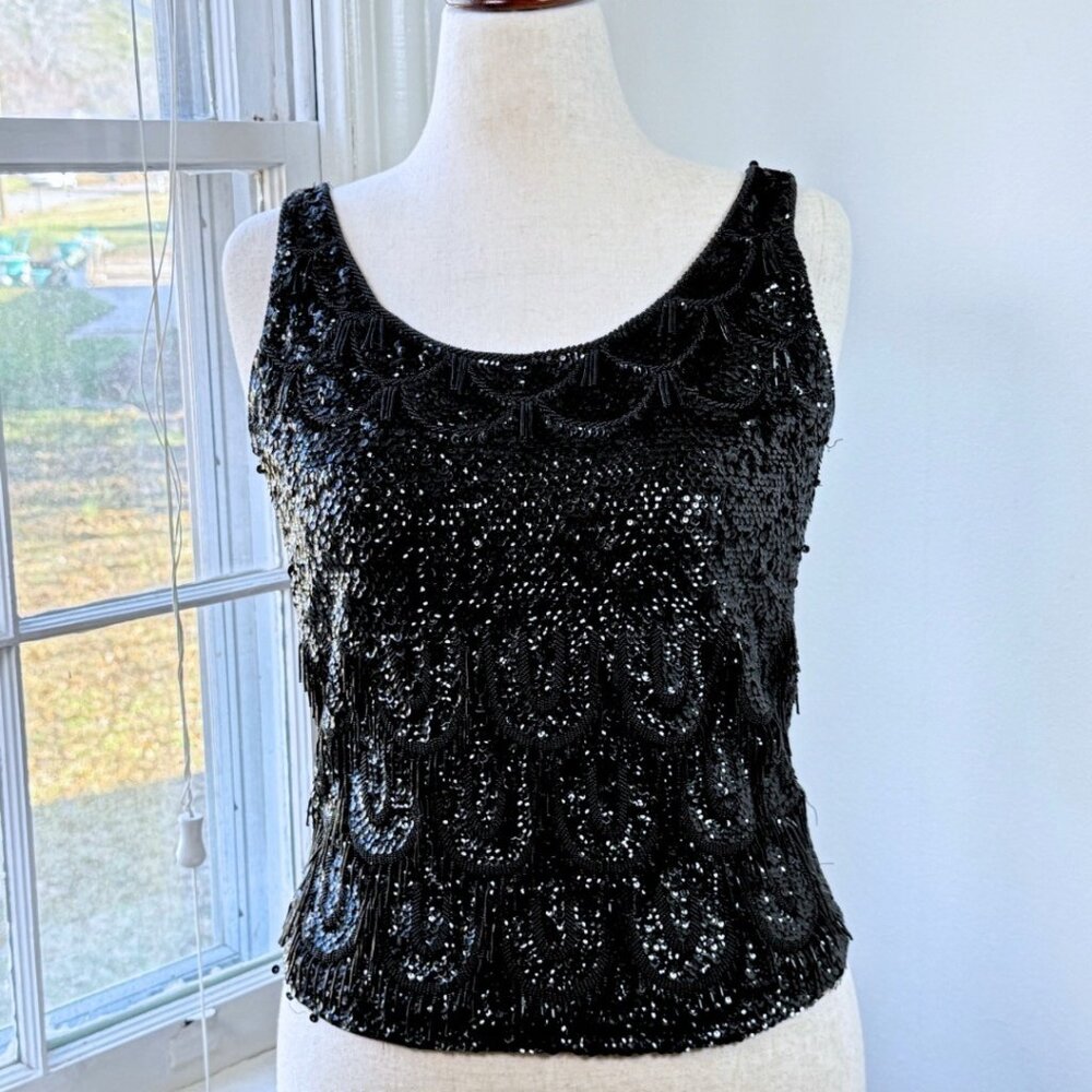 Vintage 90s Neiman Marcus Black Beaded Sequin Blouse Womans Small Formal